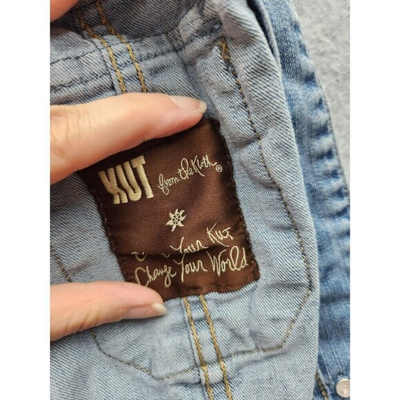 Kut From The Kloth Womens XS Distressed Denim Jacket With Button Front & Pockets - Picture 3 of 6